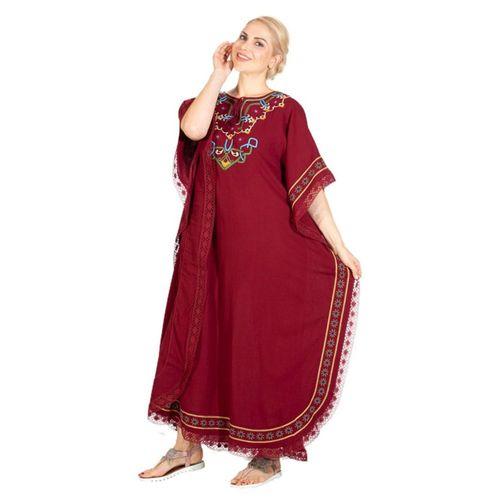 Kısa Kol Şile Bezi Gülseren Uzun Yazlık Otantik Elbise Bordo Brd