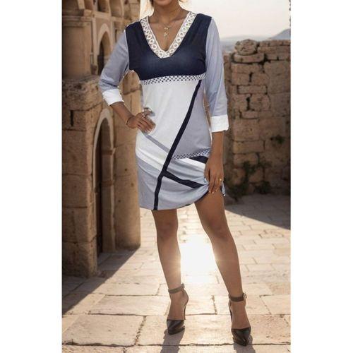Kadın Fakir Kollu V Dantel Yaka Geometrik Desenli Dalgıç Elbise