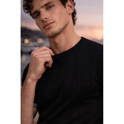 Dale Kolları Şeritli Bisiklet Yaka İnce Triko Örme Regular Fit Erkek T-Shirt - Siyah