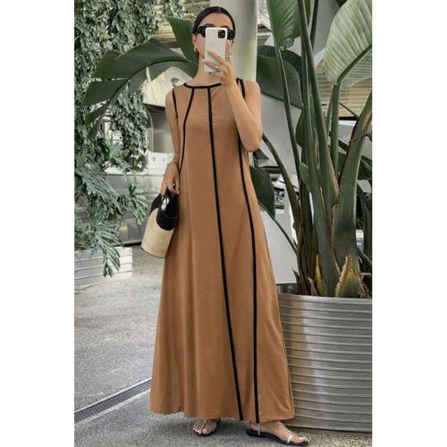 Kadın Omuzlardan Açık Yaka Ince şerit Detaylı Uzun Viskon Elbise