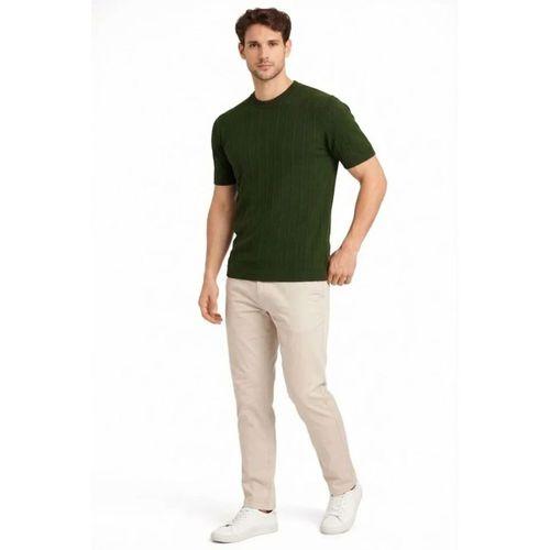 Erkek Yazlık Fitilli Triko Tişört Kısa Kol Bisiklet Yaka T-Shirt - Haki