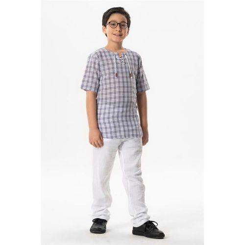 Kısa Kol Şile Bezi Zımbalı Yazlık Erkek Çocuk Tshirt Mor Kareli 3035