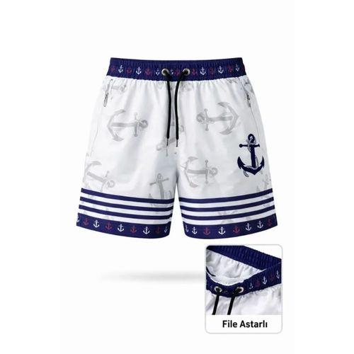 Deniz Şortu Fermuarlı Cepli File Astarlı Hızlı Kuruyan Premium - Beyaz