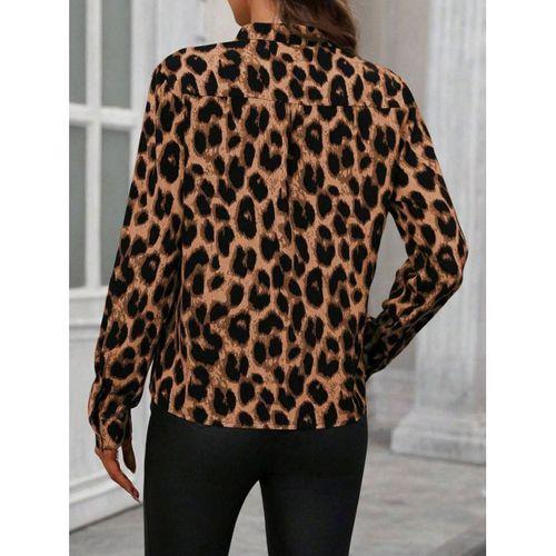 Kadın Uzun Kollu V Yakalı Leopar Desenli Modal Bluz