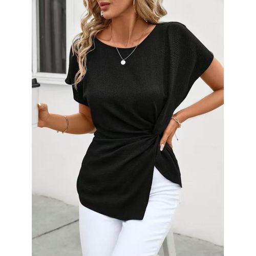 Kadın Kısa Kollu Yuvarlak Yakalı Yandan Sarmal Detaylı Bürümcük Bluz