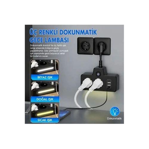 Bkl-502 Akım Korumalı 2li Priz 2 Usb Ve 2 Type-c Çıkış 4000w Hızlı Şarj Duvar Tipi Dokunmatik Led Aydınlatmalı