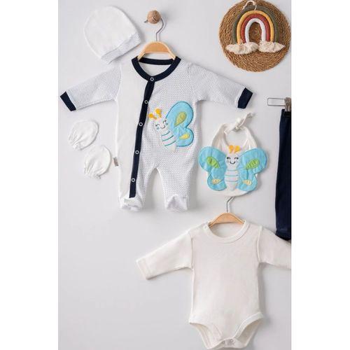 Kelebek Nakışlı Tulumlu % 100 Pamuk Erkek Bebek 5'li Set