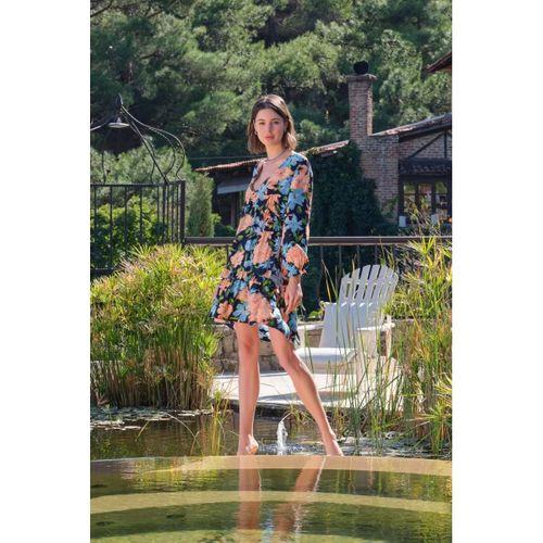 Viskon Çiçek Ve Yaprak Desenli Uzun Kollu Elbise