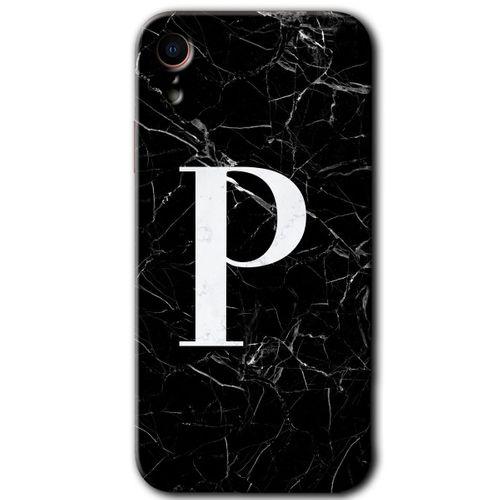 MRCİLETİSİM iPhone XR Kılıf Baskılı Kapak - Siyah Mermer Desenli P Harfi +Tam Ekran Koruyucu
