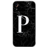 MRCİLETİSİM iPhone XR Kılıf Baskılı Kapak - Siyah Mermer Desenli P Harfi +Tam Ekran Koruyucu