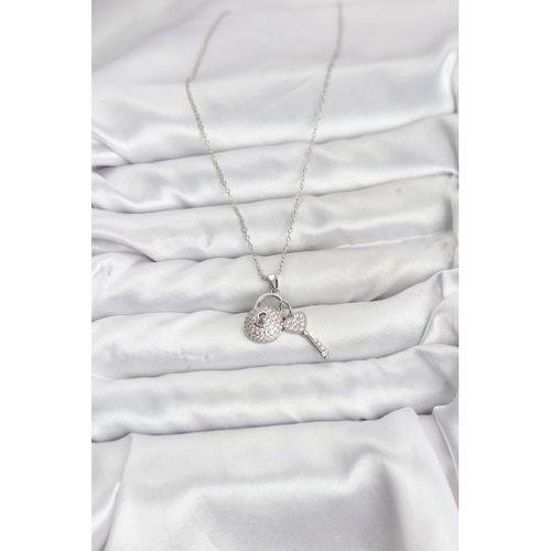 316L Çelik Zincir Gümüş Renk Kilit Anahtar Model Zirkon Taşlı Kadın Kolye