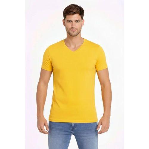 Erkek T-Shirt V Yaka Slim Fit Dar Kesim Likralı Tişört Günlük Basic Body - Limon