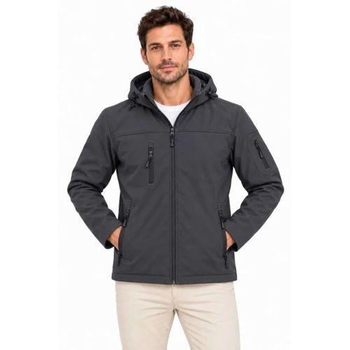 Erkek Su Geçirmez Softshell İçi Polar Astarlı Çıkarılabilir Kapüşonlu 4 Cepli Mont Ceket - Füme