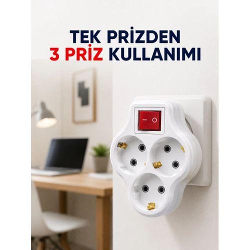 Tek Prizi 3’lü Yapan Anahtarlı Priz Adaptörü Topraklı Priz Çoğaltıcı