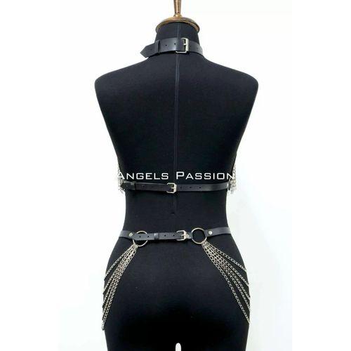 Deri Ve Zincir Detaylı Harness Takım, Deri Dansçı Kostüm, Choker Detaylı Deri Harness - Brf1397