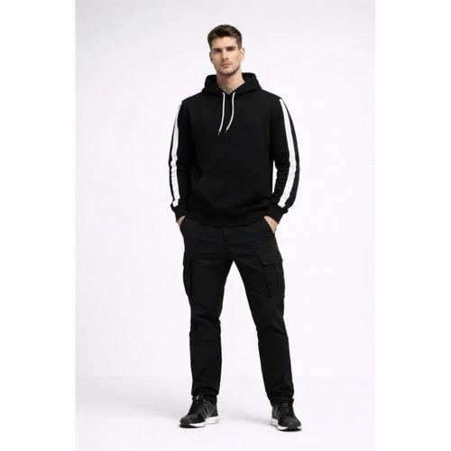 Erkek Şeritli Kapüşonlu Sweatshirt Oversize 3 Iplik Pamuklu - Siyah