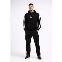 Erkek Şeritli Kapüşonlu Sweatshirt Oversize 3 Iplik Pamuklu - Siyah