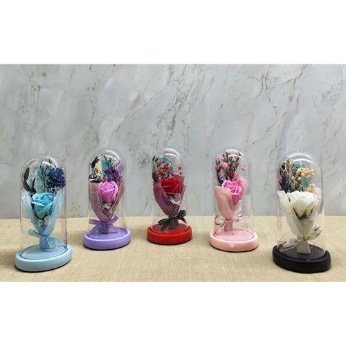 Işıklı Müzikli Cam Fanus İçinde Lavantalı Romantik Gül
