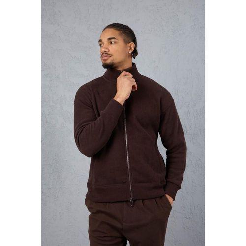 Ron Selanik Örme İçi Peluş Çift Fermuarlı Dik Yaka Erkek Hırka Sweatshirt  - Kahve