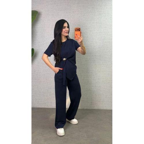 Kadın Kısa Kollu Bisiklet Yaka Yandan Toka Detaylı Viskon Iki Iplik Bluz Ve Pantolon Ikili Takım