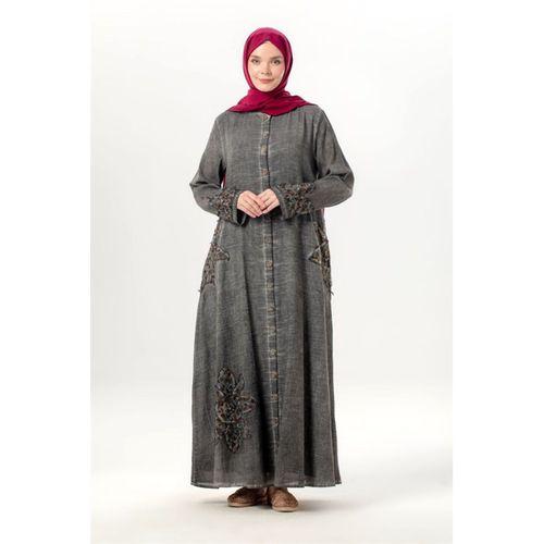 Uzun Kol Nuray Düğmeli Yuvarlak Yaka Çift Cepli Poplin Ferace Füme Fm