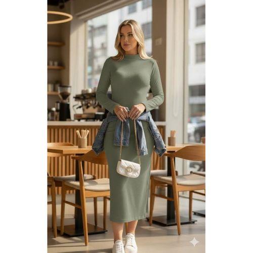 Kadın Uzun Kollu Balıkçı Yakalı Yanlardan Yırtmaçlı Kaşkorse Maxi Elbise