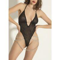 Zincir Detaylı Transparan Siyah Fantazi Body,seksi Dantel Tek Parça Gecelik