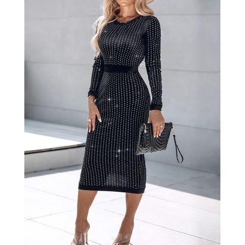 Kadın Uzun Kollu Bisiklet Yaka Taşlı Midi Kadife Elbise