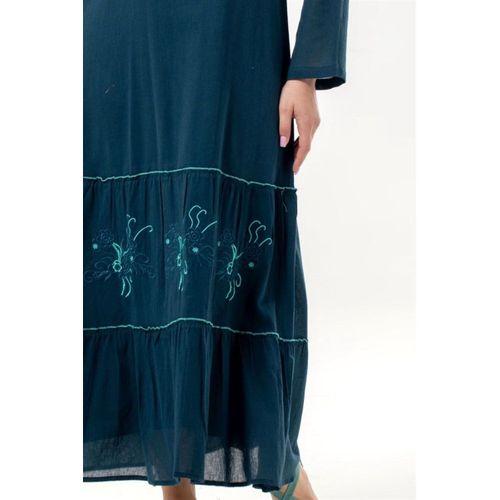 Uzun Kol Venedik Nakışlı Şile Bezi Otantik Uzun Elbise Petrol Ptrl