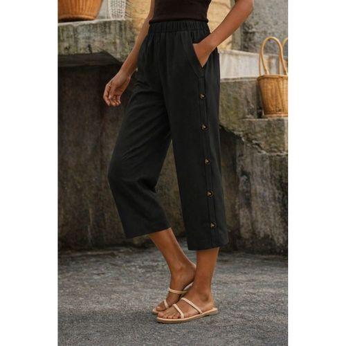 Kadın Yüksel Bel Lastikli Yandan Dügme Detaylı Midi Pantolon