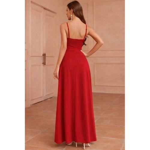 Kadın Ip Askılı Kruvaze Yakalı Yırtmaçlı Uzun Ithal Krep Elbise