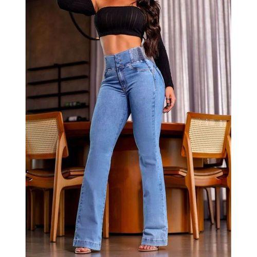 Kadın Yüksek Bel Yanları Lastik önü Düğmeli Kot Pantolon