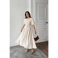 Bej Arkadan Bağlamalı Büzgülü Keten Elbise