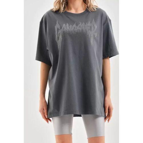 Pilelistore Unisex Taş Desenli Oversize T-Shirt - Füme