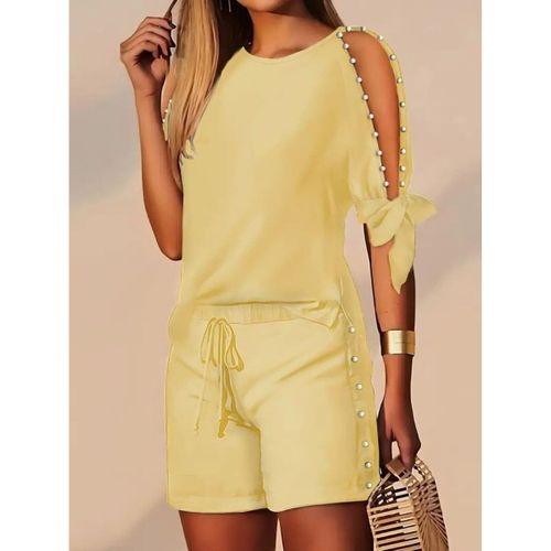 Kadın Kısa Kollu Bisiklet Yaka Yarı Açık Omuz Inci Detaylı Short T-shirt Viskon Ikili Takım