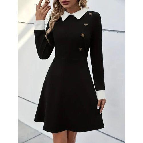 Kadın Uzun Kollu Yakalı Düğmeli Kısa Modal Mini Elbise