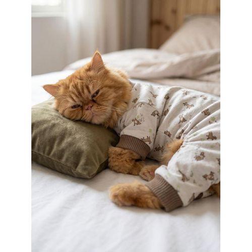 Breeds & Friends Uyku Takımı | Desenli Pamuklu Penye Kedi Tulumu ve Mini Yastık | Tüy Dökülmesini Azaltır