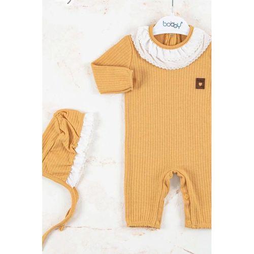 Brode Nakışlı Şapkalı % 100 Pamuk Kız Bebek Tulumu