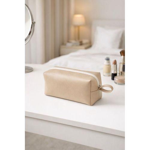 Deri Makyaj Kozmetik Çantası Seyahat Tipi Çanta Organizer Bej