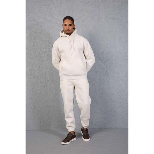 Şardonlu Kanguru Cepli Sweatshirt - 3 İplik Şardonlu Lastik Paça Erkek Eşofman Altı- Eşofman Takımı - Bej