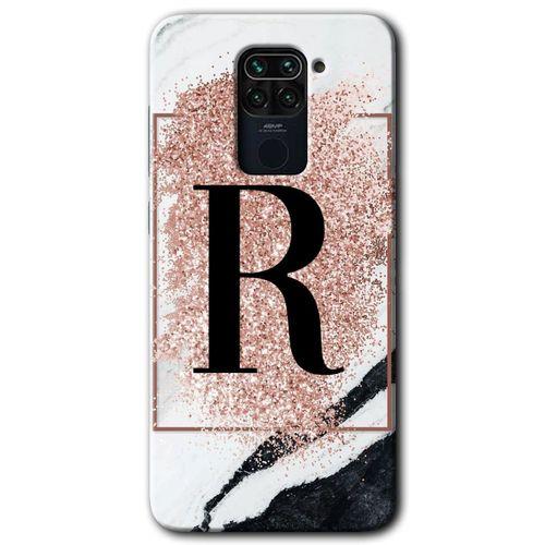 Redmi Note 9 Kılıf HD Desen Baskılı Arka Kapak - Pembe Mermer Desenli R Harfi