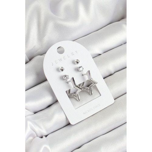 Pirinç Zirkon Taş Ve Yıldız Figürlü Gümüş Renk 3'lü Çift Kadın Küpe Set - TJ-BKP10647