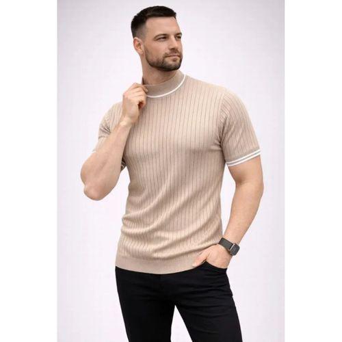 Erkek Fitilli Triko Dokuma Kısa Kol Tişört Yarım Boğaz Modern Yazlık T-Shirt - Bej