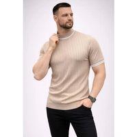 Erkek Fitilli Triko Dokuma Kısa Kol Tişört Yarım Boğaz Modern Yazlık T-Shirt - Bej