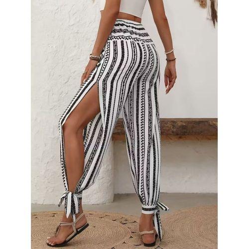Kadın Yüksek Bel Desenli Paçadan Bağlamalı Yanları Yırtmaçlı Süprem Pantolon