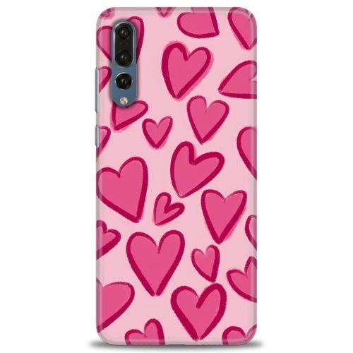 Huawei P20 Pro Kılıf HD Baskılı Kılıf - Pembe Kalp + Tam Ekran Koruyucu