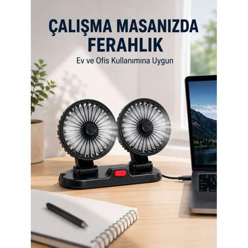 Araç Ve Ev Kullanımına Uygun Çift Başlıklı Masaüstü Vantilatör