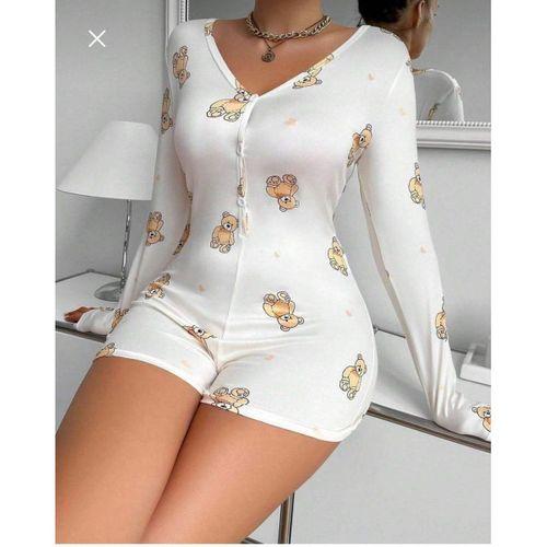 Pamuklu Beyaz Ayıcık Desenli Düğmeli Uzun Kol Tulum Pijama