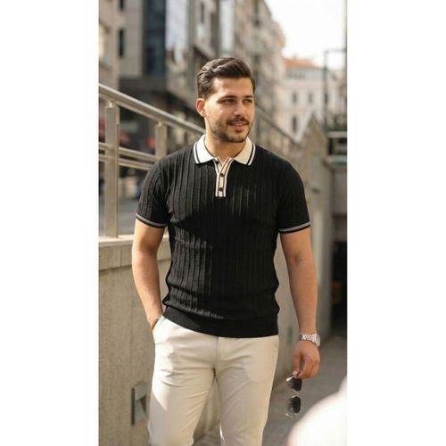 Erkek Düğme Yakalı Kontrast Yaka Triko Tişört