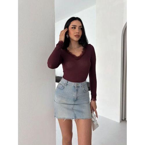 Dantel Detaylı V Yaka Arkası V Yaka Kaşmir Dokulu Uzun Kollu Bluz - Bordo